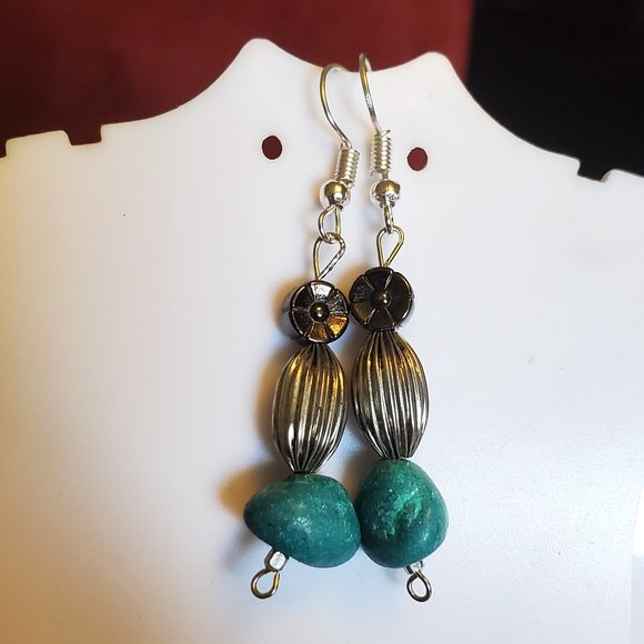 Silver Tone Hook Metal and Howlite Bead Earrings